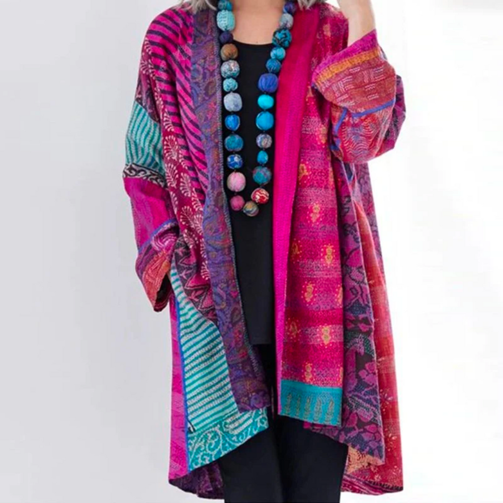 Kimono largo fluido con estampado étnico colorido para mujer – INDRA