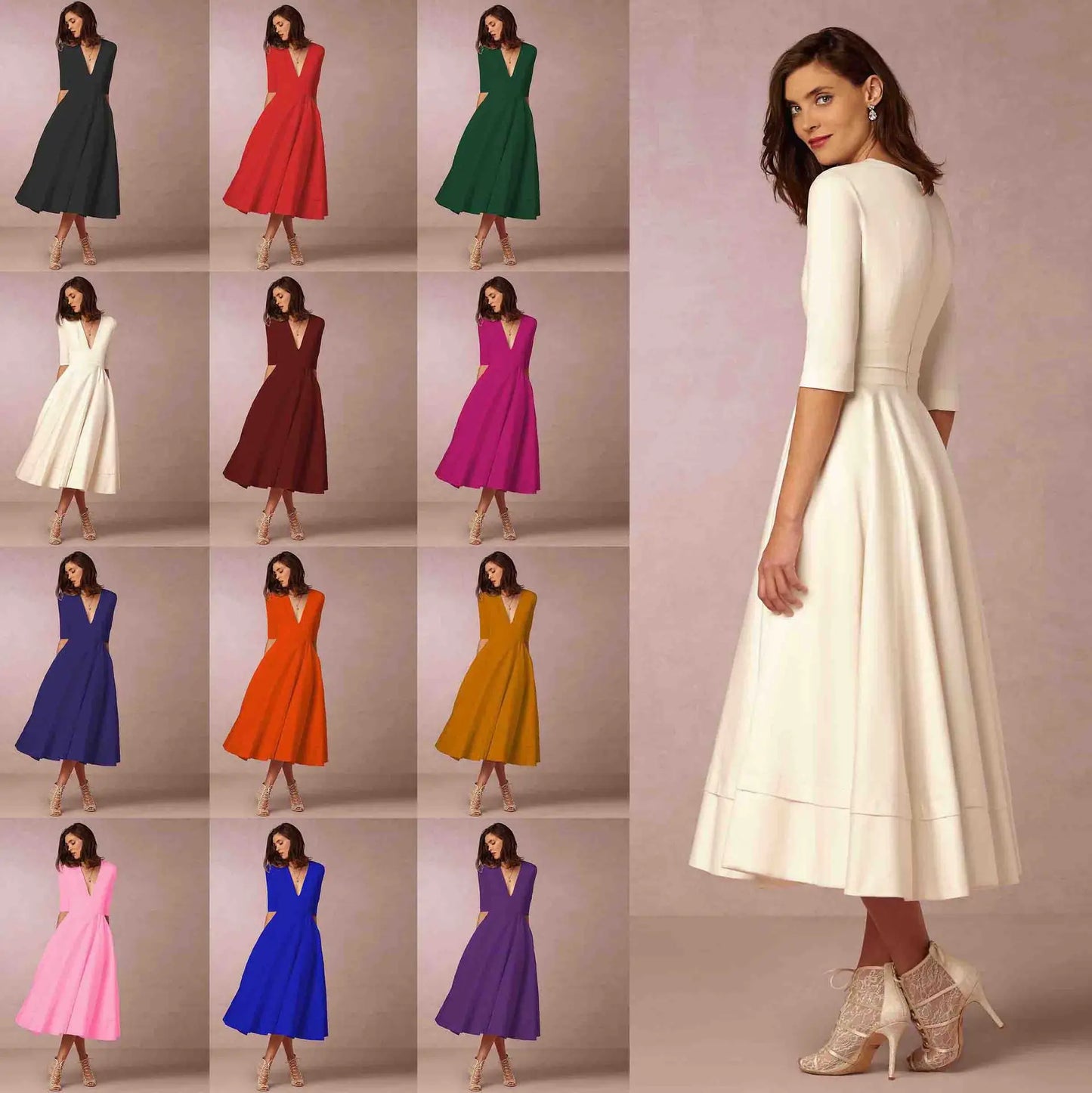 Vestido midi con escote en V y mangas al codo para mujer – MARIELA