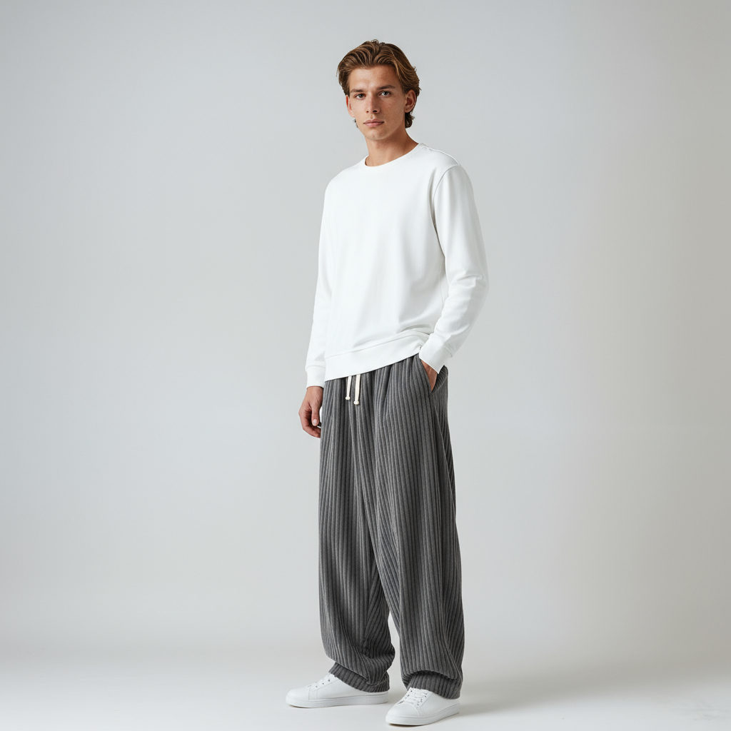 STEVOR – Pantalón ancho de pana para hombre con cintura ajustable