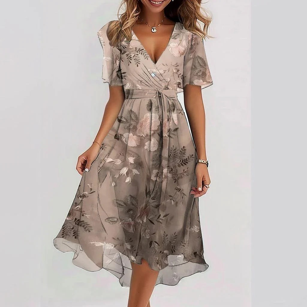 Vestido midi cruzado con estampado fluido para invitada de boda – ELIORA DUNE