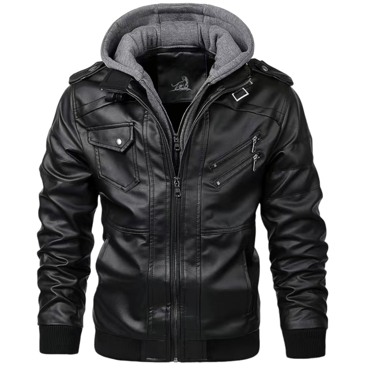 FABIO - Chaqueta de cuero con capucha y cremallera para hombre