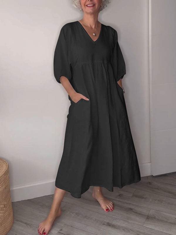 Vestido midi casual con escote en V y bolsillos para mujer – LUCIA