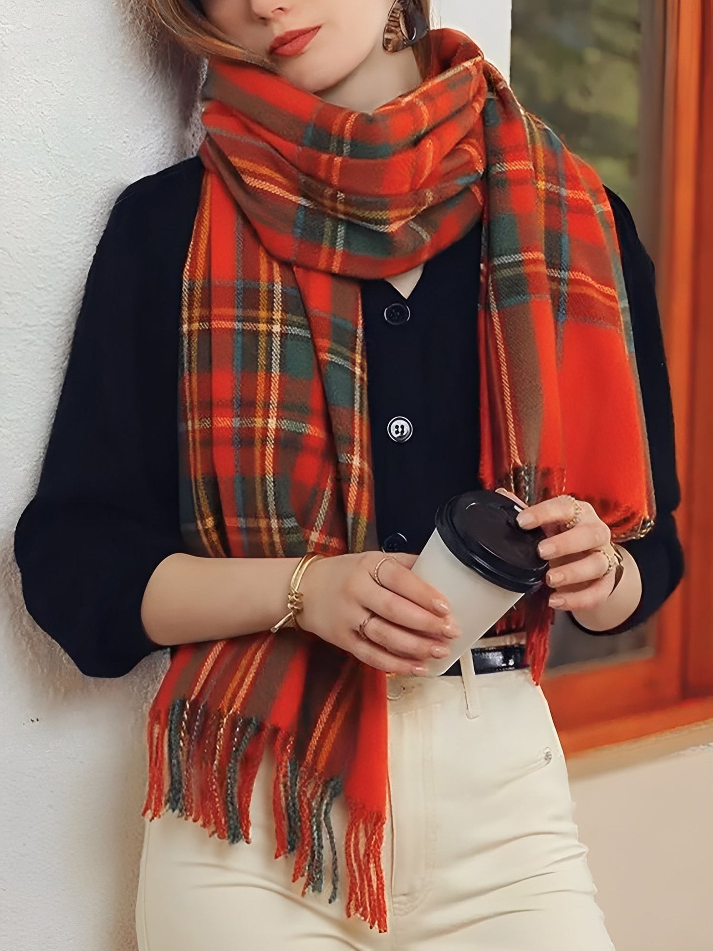 ELORÉA – Bufanda de cuadros para mujer con flecos decorativos