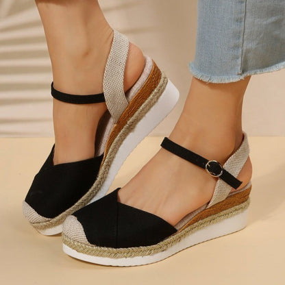 Karen - Sandalias de Cuña Casual de Moda con Punta Cerrada y Hebilla Exterior para Mujer