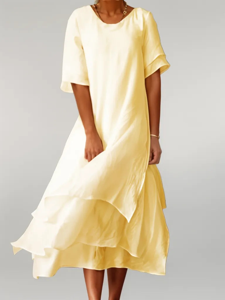 Vestido largo de algodón suave con cuello redondo y corte fluido – LUMÉRIA