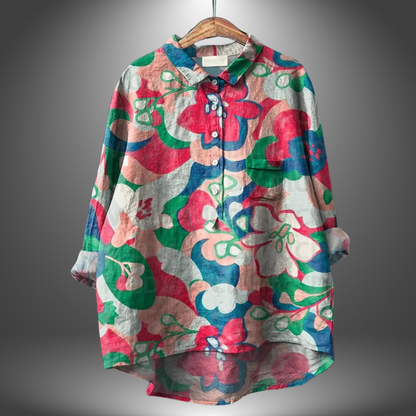 Blusa holgada de mujer con estampado artístico y cuello – ORSOLYA