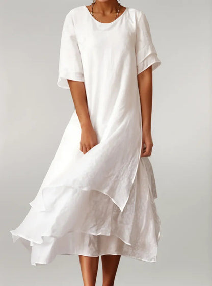 Vestido largo de algodón suave con cuello redondo y corte fluido – LUMÉRIA