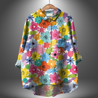 Blusa holgada de mujer con estampado artístico y cuello – ORSOLYA