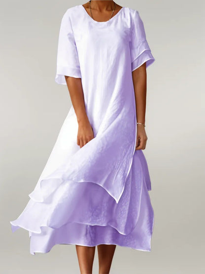 Vestido largo de algodón suave con cuello redondo y corte fluido – LUMÉRIA