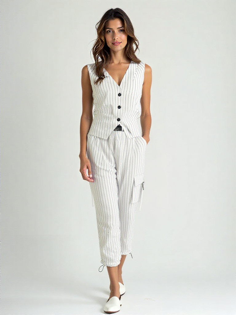 Conjunto de dos piezas con chaleco y pantalón a rayas para mujer – NALYA