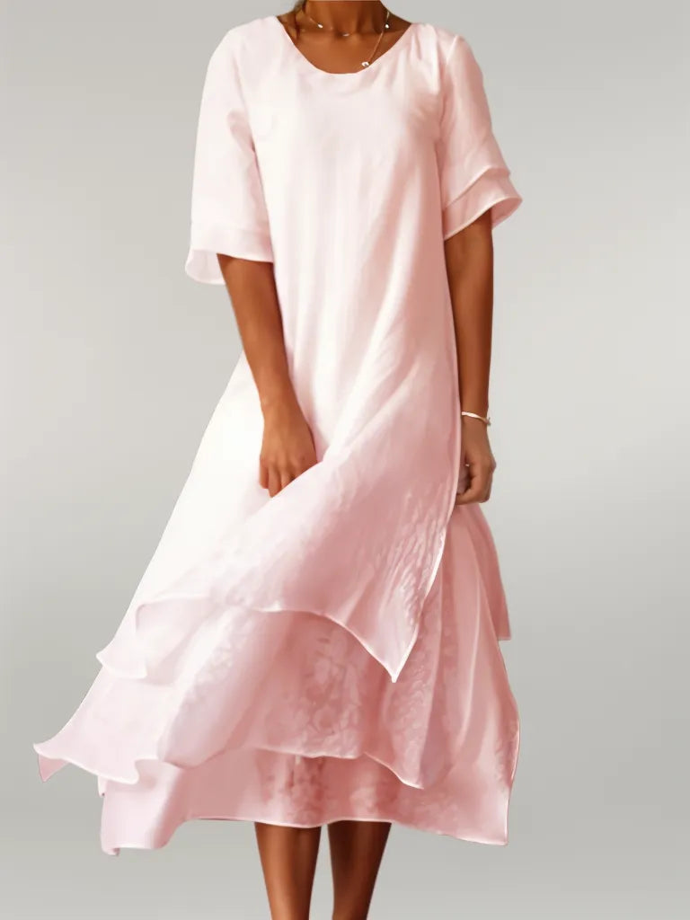Vestido largo de algodón suave con cuello redondo y corte fluido – LUMÉRIA