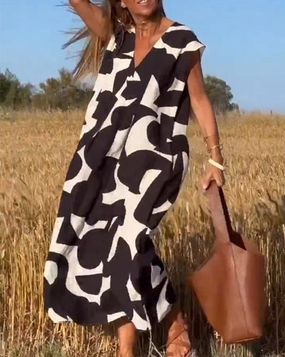Vestido amplio con estampado gráfico y escote en V para mujer – MAËRYS