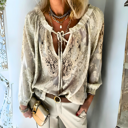 Blusa de mujer con detalles de encaje y lazo al cuello – ZENZI