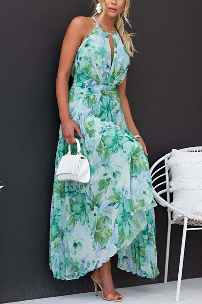 Vestido maxi halter con pliegues y estampado floral para mujer – ELARA FLORALISTA