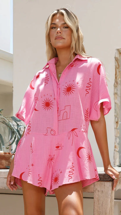 Maxina - Mono Corto Casual de Short de Estampado Moderno Informal Pijama Primavera Verano Para Mujer Rojo/Rosa
