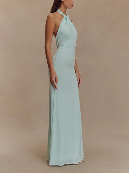 Vestido largo halter para mujer con espalda descubierta y cintura entallada – KAROLAYA