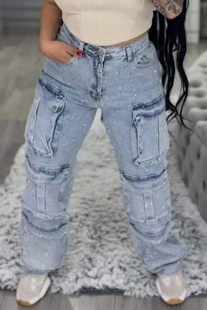 Pantalón cargo para mujer con efecto brillante y bolsillos – ROXIE