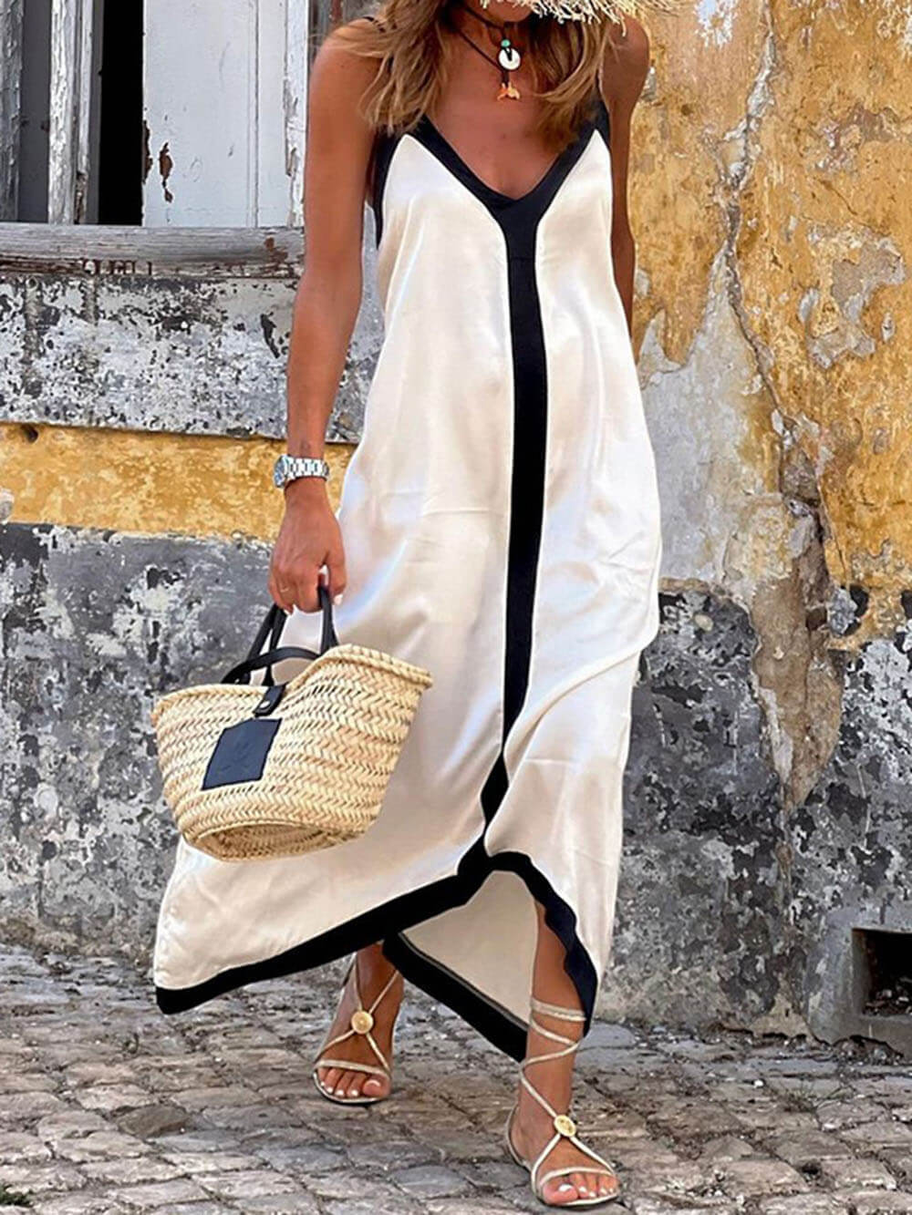 Vestido Maxi Sin Mangas con Detalles de Contraste para Mujeres Elegantes - CARENZA