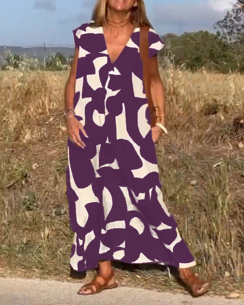 Vestido amplio con estampado gráfico y escote en V para mujer – MAËRYS
