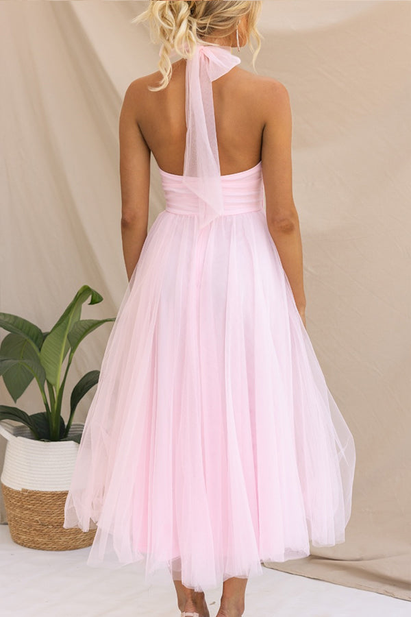 Vestido midi con escote halter y falda voluminosa – Lirenza
