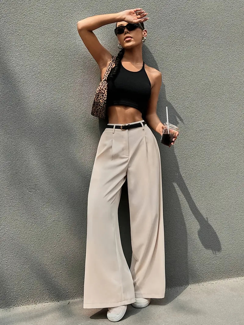 MIREYA - Pantalón plisado de cintura alta y corte holgado para mujer