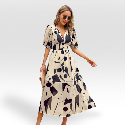 Vestido midi con vuelo y escote en V encantador – CHARESSA