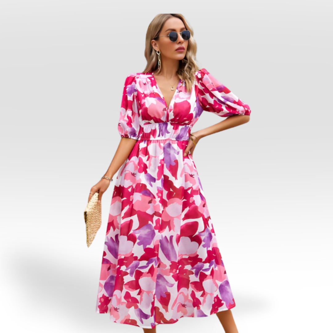 Vestido midi con vuelo y escote en V encantador – CHARESSA