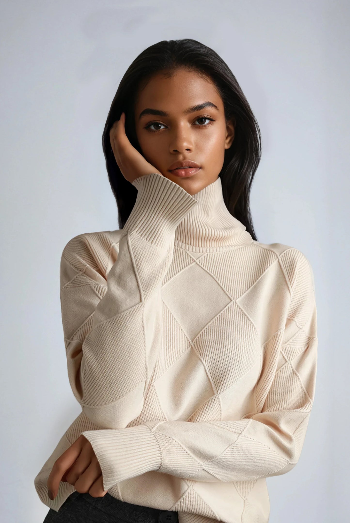 SKYRIA – Jersey de mujer con cuello alto y estampado de cuadros cálido