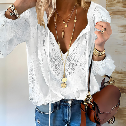 Blusa de mujer con detalles de encaje y lazo al cuello – ZENZI