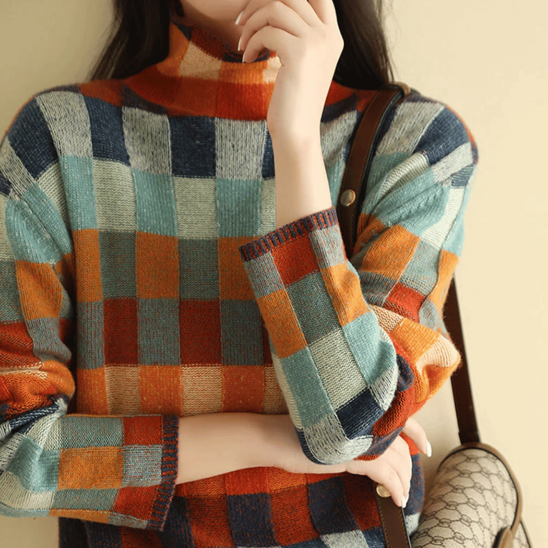 LYNAIRA – Jersey de mujer con cuello alto y estampado de cuadros