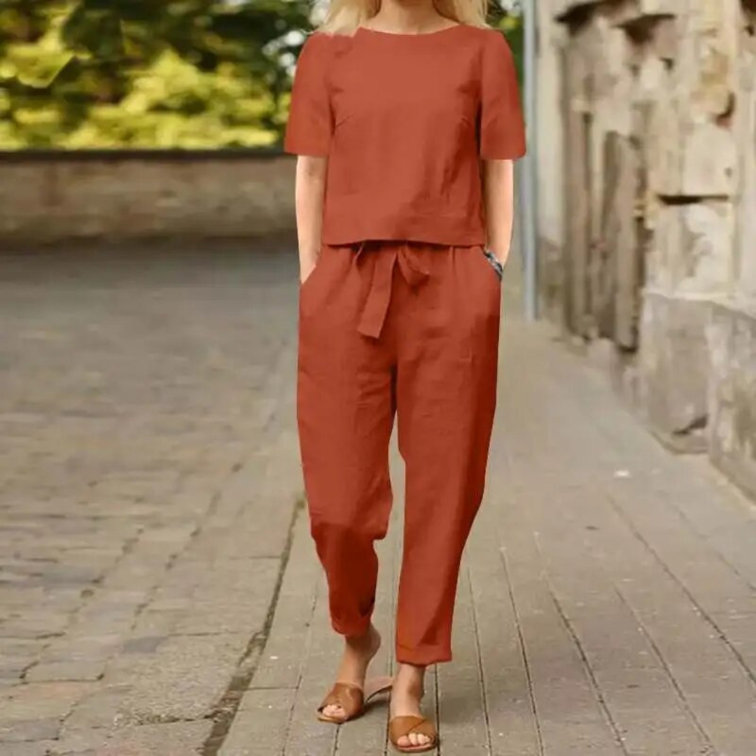 Conjunto de lino para mujer con top y pantalón fluido – CHARISE