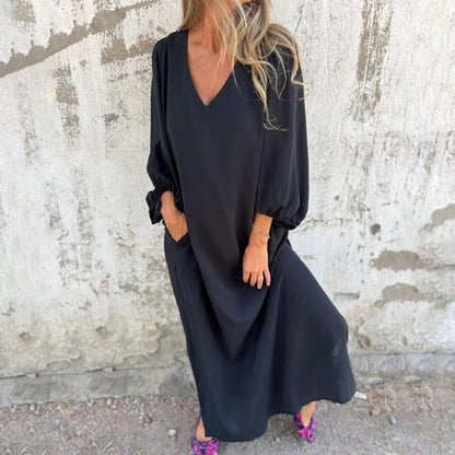 Vestido largo fluido con escote en V y mangas abullonadas – ODESSA