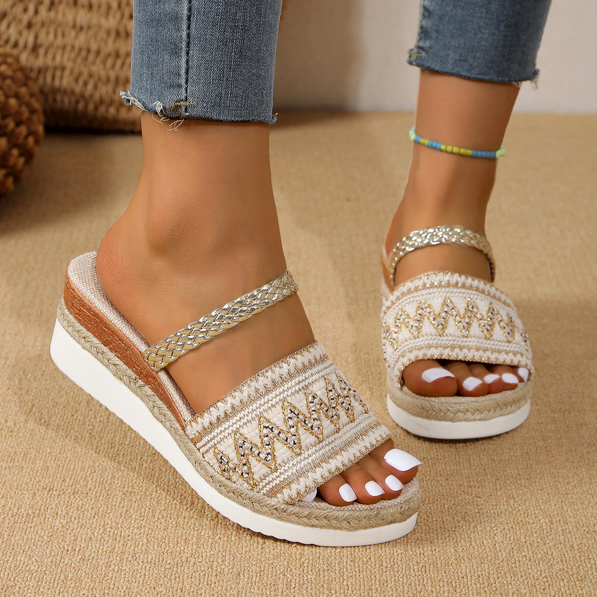 Lina - Sandalias de Cuña de Verano con Diseño de Ondas en Bloques de Color | Zapatillas de Estilo Étnico para Mujer