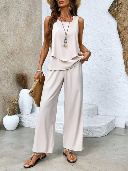 Conjunto elegante de dos piezas con blazer corto y pantalón de pierna ancha – VIRELLA