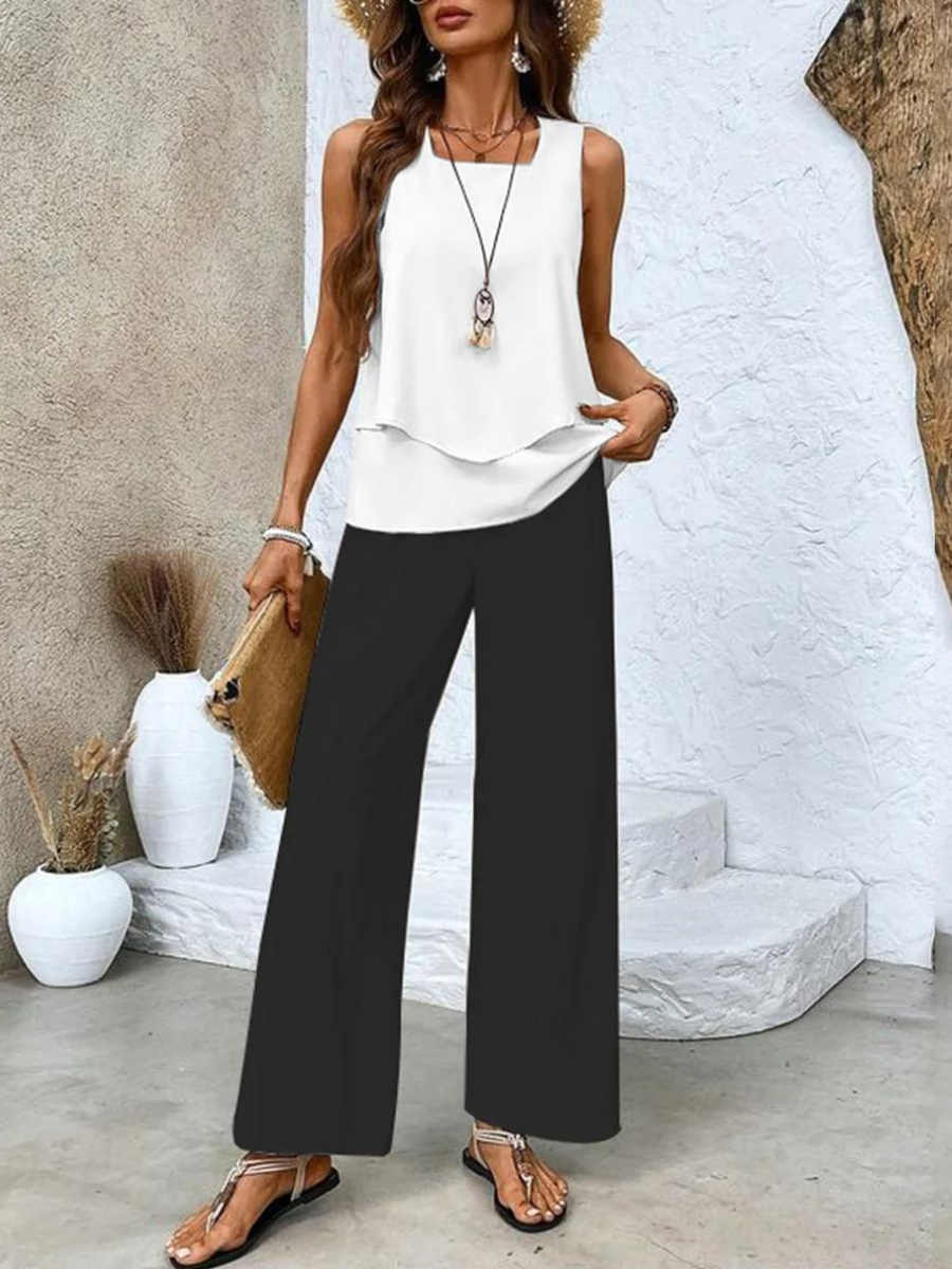 Conjunto elegante de dos piezas con blazer corto y pantalón de pierna ancha – VIRELLA