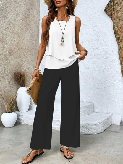 Conjunto elegante de dos piezas con blazer corto y pantalón de pierna ancha – VIRELLA