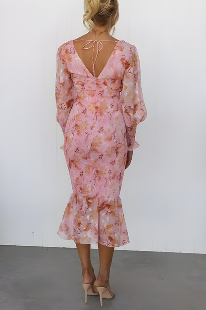 Vestido midi con escote en V y mangas abullonadas – SIGRÉ