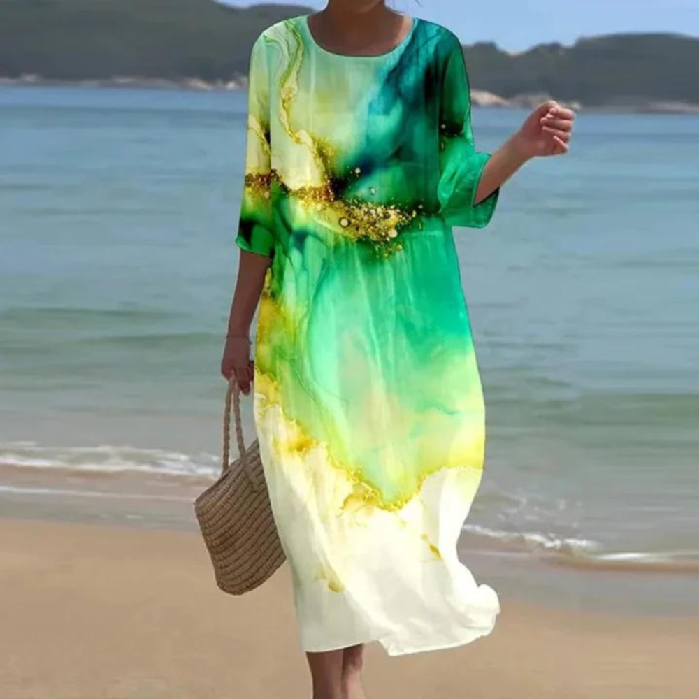 Vestido veraniego holgado con cuello redondo y corte fluido – PORELIA