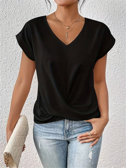 Blusa con escote en V y drapeado cruzado para mujer – NARELIA