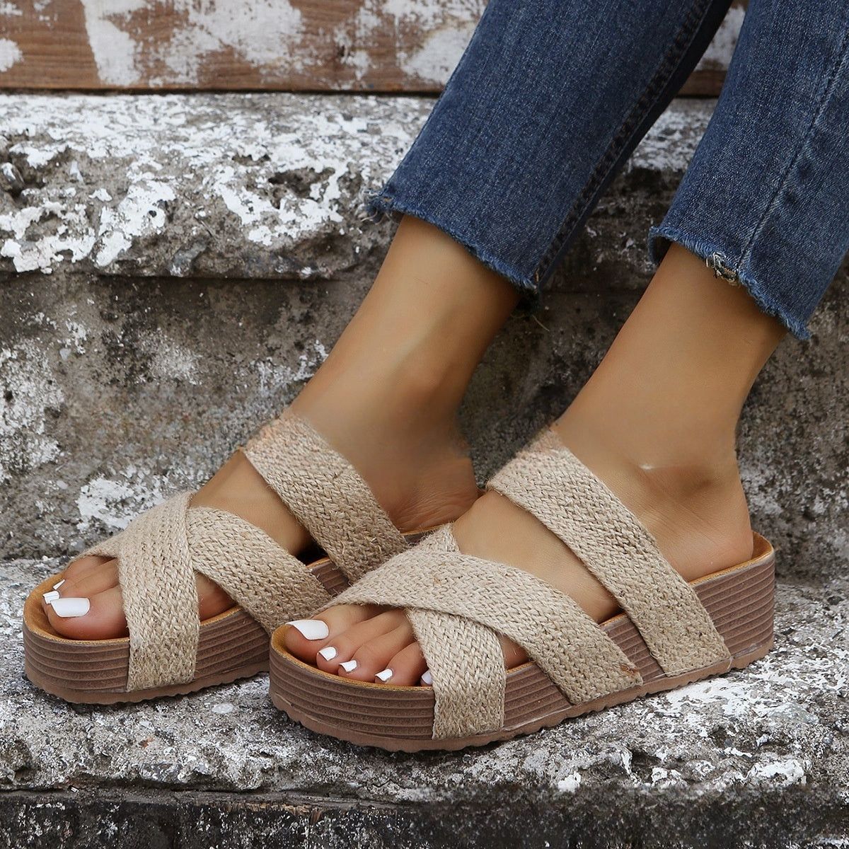 Luz - Sandalias de Cuña Alta de Cuerdas Cruzadas de Cáñamo Tejida en Color Sólido Verano para Mujer