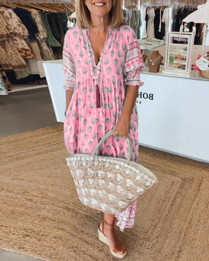 Vestido largo boho con estampado étnico y escote en V – INDRA