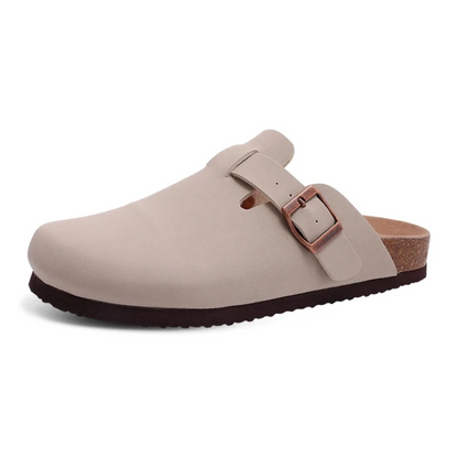 Sandalias tipo zueco en ante rosa con tacón cómodo – SUMARIA