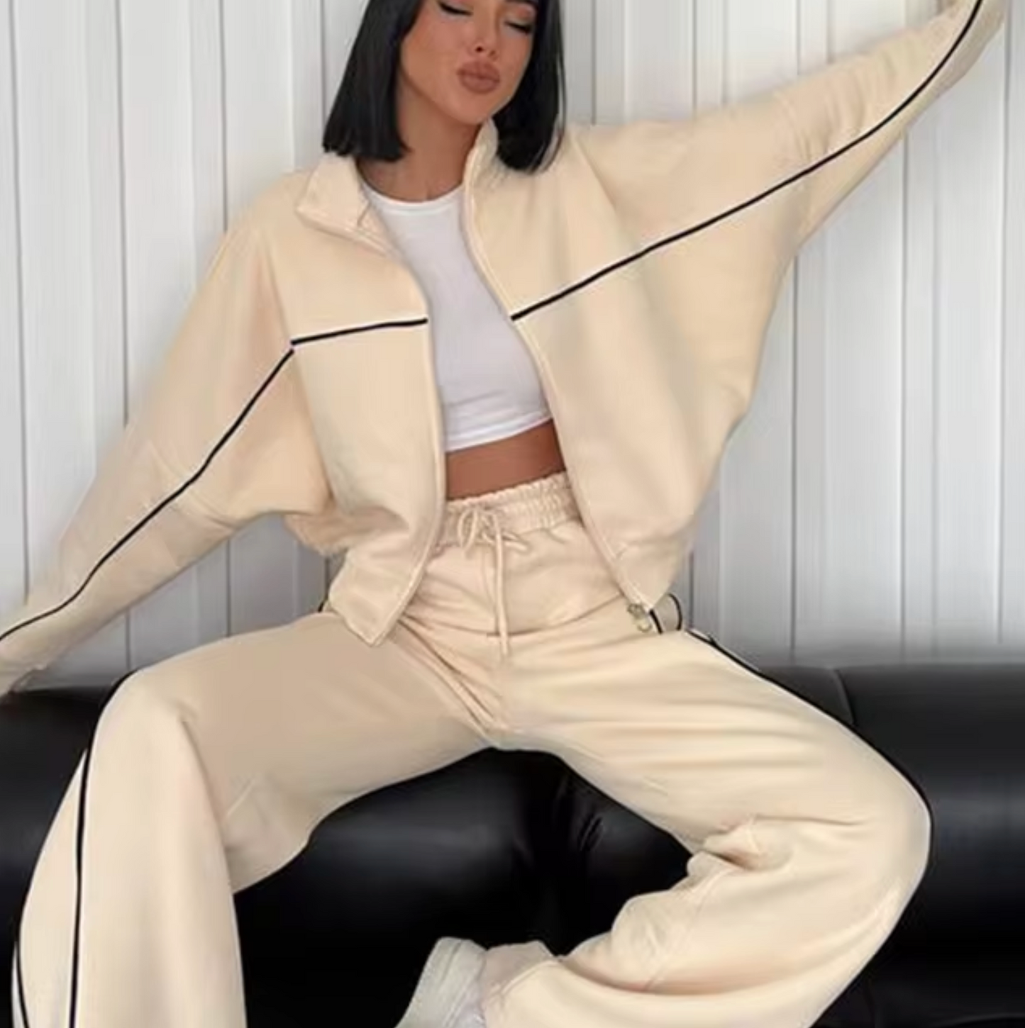 MAELLE - Conjunto de cárdigan de punto y pantalón con cuello alto para mujer