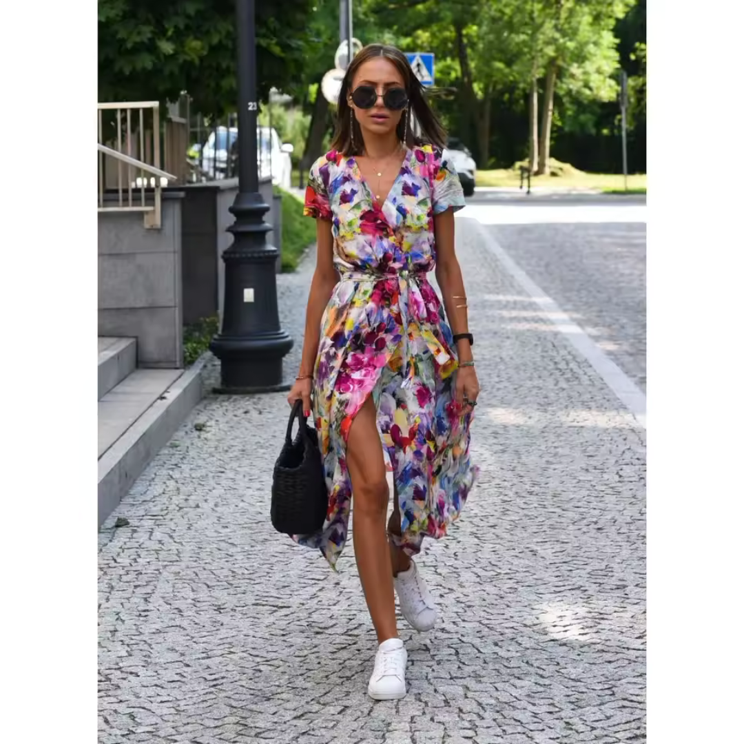 Vestido cruzado elegante con silueta fluida y estampado – VALERÍA