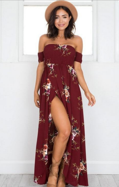 Blau - Vestido Bohemio Largo de Hombros Descubiertos Estampado Floral Primavera Verano Para Mujer Rojo
