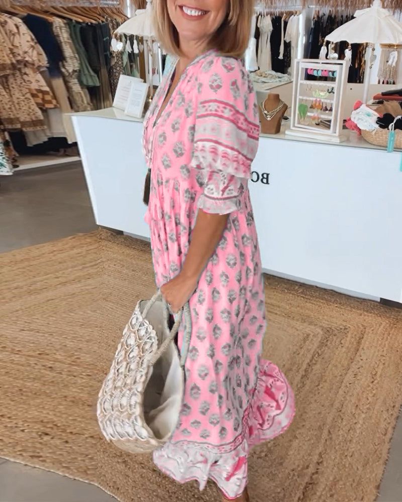 Vestido largo boho con estampado étnico y escote en V – INDRA