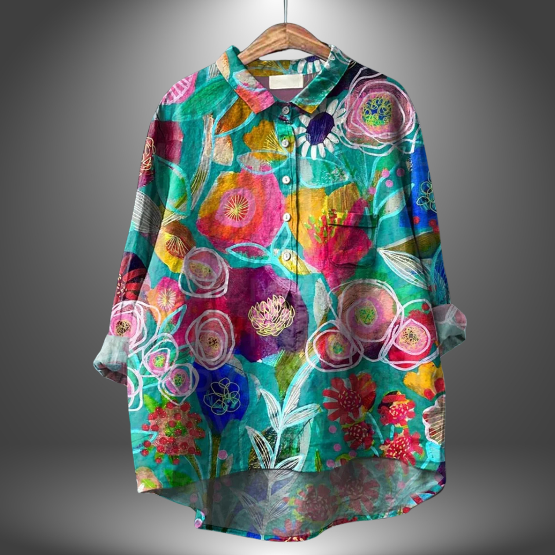 Blusa holgada de mujer con estampado artístico y cuello – ORSOLYA