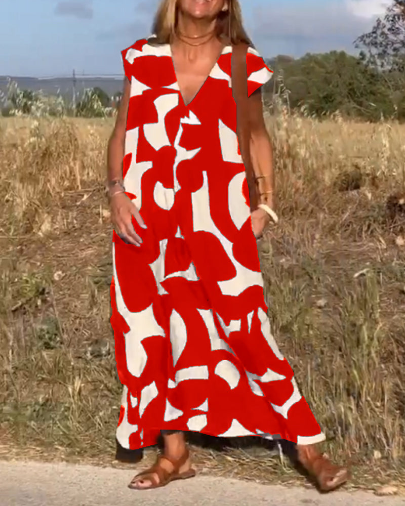 Vestido amplio con estampado gráfico y escote en V para mujer – MAËRYS