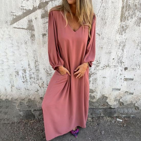 Vestido largo fluido con escote en V y mangas abullonadas – ODESSA