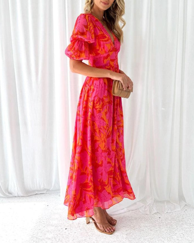 Vestido corto de verano con escote en V y mangas abullonadas – LUNÉA